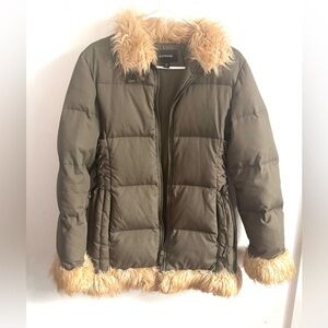 Express Womens Olive Green Faux Fur Trim Penny Lane Puffer Down Jacket Sz 10 M/L